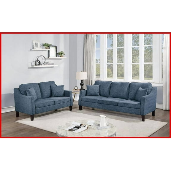 Modern Navy Blended Chenille 2-Piece Sofa Set with Pillows – Loveseat & Sofa for Living Room