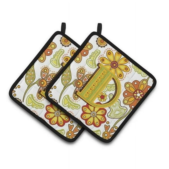 Carolines Treasures CJ2003-DPTHD Letter D Floral Mustard & Green Pair of Pot Holders, 7.5 x 3 x 7.5 in.