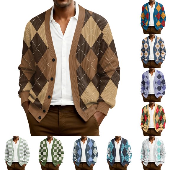 Kixjoy Cardigan Sweaters for Men V Neck Button Down Knit Cardigan Long Sleeve Plaid Casual Big and Tall Jacket Fall Fashion Lightweight Mens Sweater, Light Brown 3XL