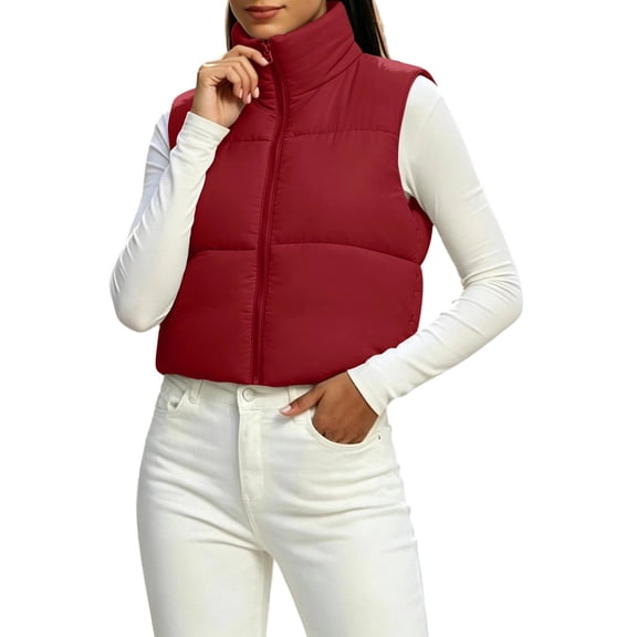 Smupbvky Cropped Vest for Women Zip Up Sleeveless Quilted Jacket Lightweight Mock Neck Winter Outerwear for Layering (L, Red)