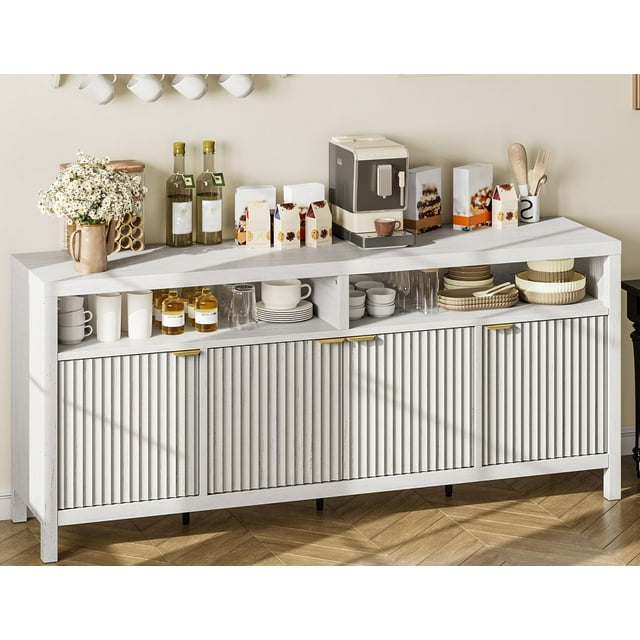 Fluted Sideboard Buffet Cabinet with 4 Doors, Modern Kitchen Storage with Adjustable Shelves and Gold Handles, 65.8" Wooden Console for Dining Room, Living Room, and Home Office