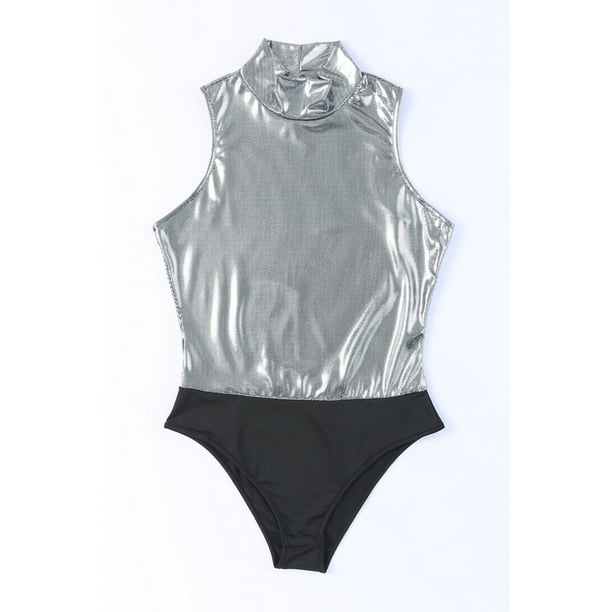 Women's Silver Sequin High Neck Sleeveless Bodysuit 