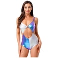 thumbnail image 1 of inlzdz Women's Shiny Metallic Rave Outfits Stage Performance Costume Hollow Out Bodysuit Contrast Blue M, 1 of 7