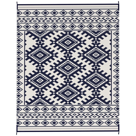 Reversible Waterproof Outdoor Rug Plastic Straw with Carry Bag 8x10 Feet Blue White Rhombus Border