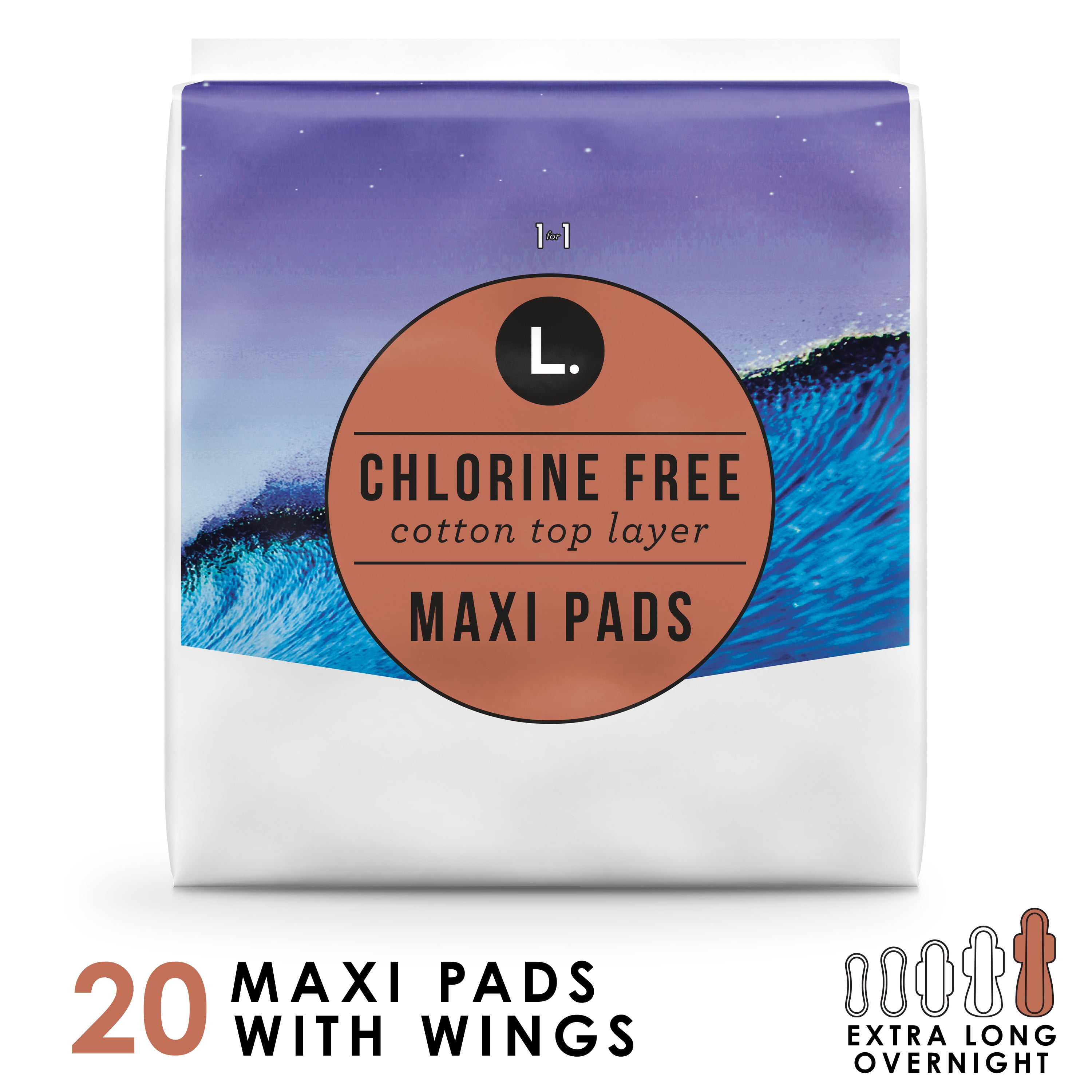 L. Chlorine Free Maxi Pads, Extra Long Overnight Absorbency with Wings, 20 Count
