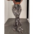 thumbnail image 3 of Women Drawstring Elastic Waist Flared Pants, Camo Print High Stretch Trousers for Night Party Daily Outfits, 3 of 6