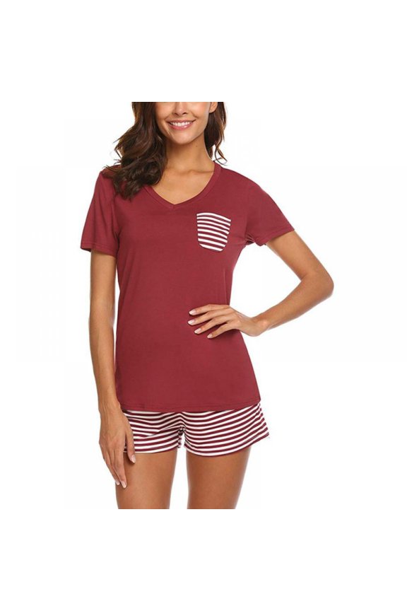 Women 2 Pieces Pajama Set Short Sleeve V Neck Top Pants Sleepwear Pj Sets