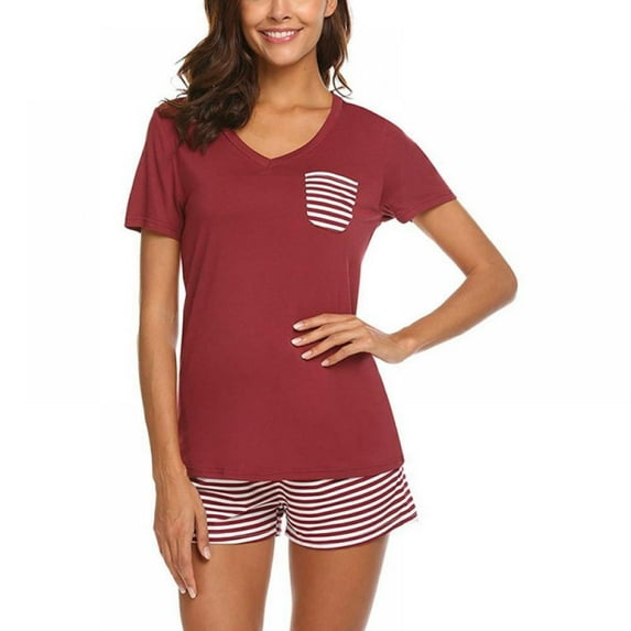 Women 2 Pieces Pajama Set Short Sleeve V Neck Top Pants Sleepwear Pj Sets
