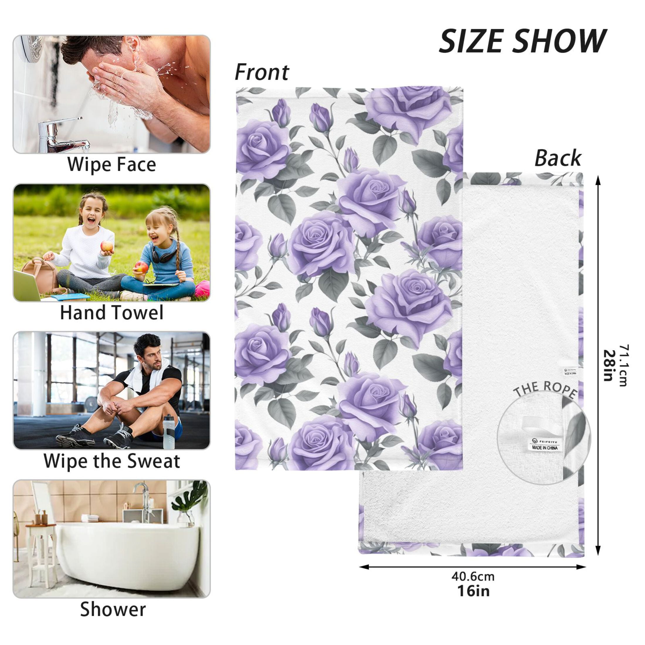 Rose Flowers Purple 2 PCs Cotton Hand Towels Absorbent Face Towel Soft Breathable Towel Set for Bathroom Kitchen Hotel Gym Decoration