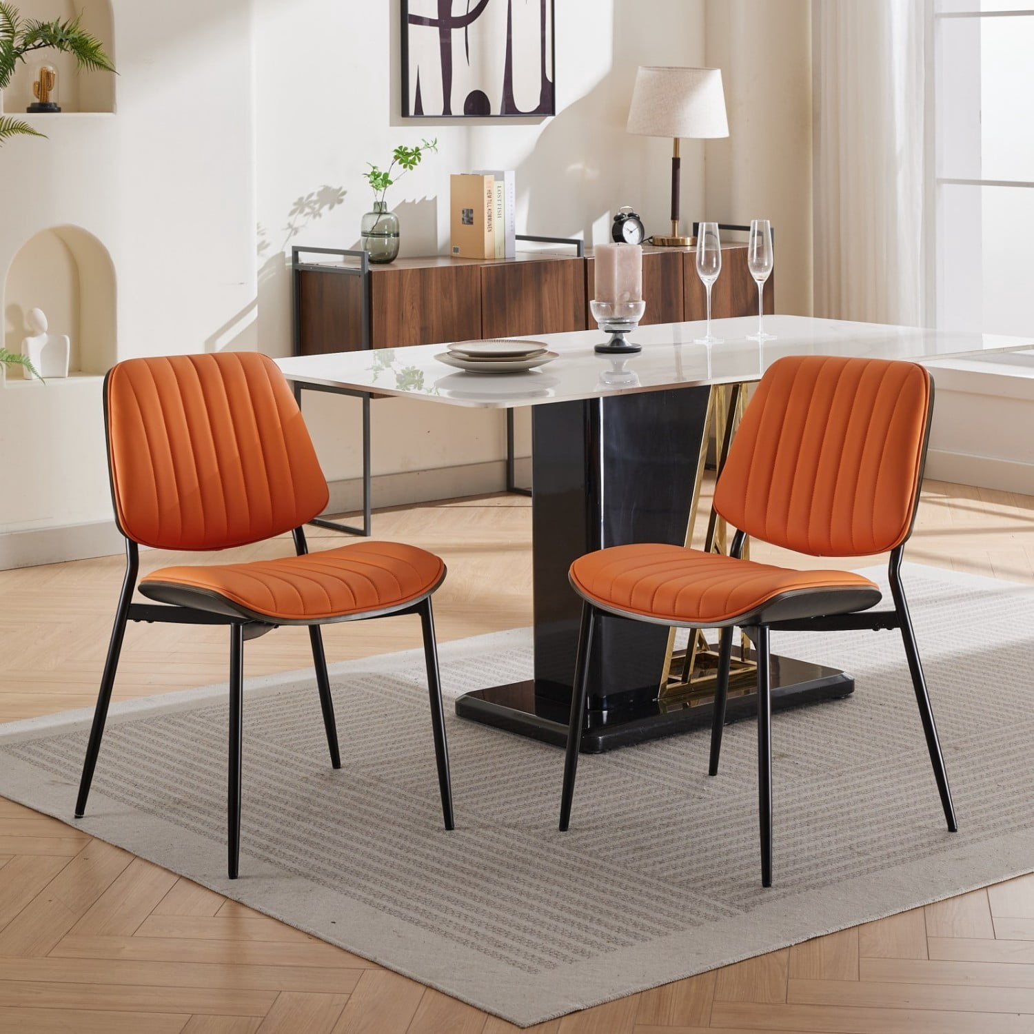 Dining Chairs Set of 2 Mid Century Modern Retro Faux Leather Chairs with Walnut Bentwood Back Upholstered Seat Metal Legs Adjustable Foot Pads Kitchen Dining Room Chairs, Orange