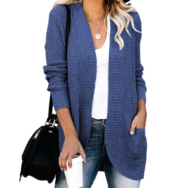 Cárdigan de moda para mujer, cárdigan de manga larga con bolsillo drapeado y frente abierto, cárdigan de Color puro, rendimiento confiable