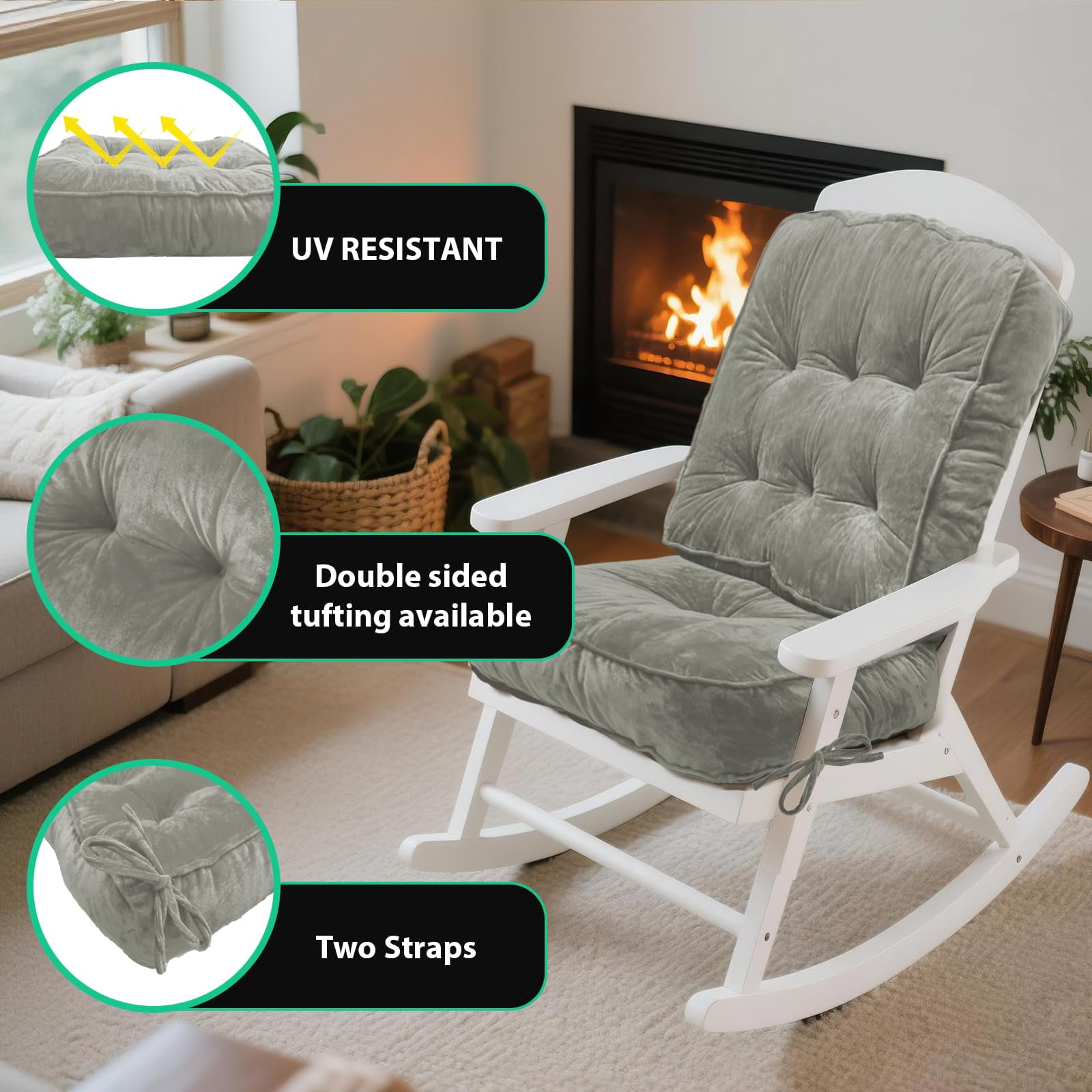 Rocking Chair Cushion, High-Density Sponge,Memory Foam Non Slip,FadeShield Thicken Durable Tufted Pads,Set of Seat & Back Cushion with Ties for Outdoor Rocker, 2 Piece, Blue,22x17x3/17x17x4