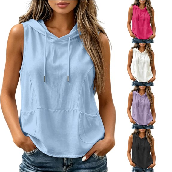 xfsWaSs Hooded T-Shirts for Women Sleeveless Casual Tank Tops Lightweight Basic Tee Shirt Soft Breathable Everyday Wear