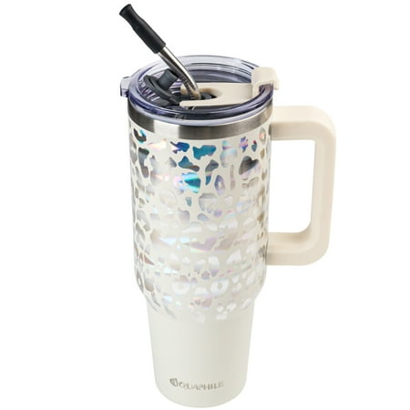 

AQUAPHILE Insulated Tumbler with Leak-proof Lid and Straw 40 oz Insulated Stainless Steel Coffee Cup with Handle Travel Coffee Mug，Ivory Leopard