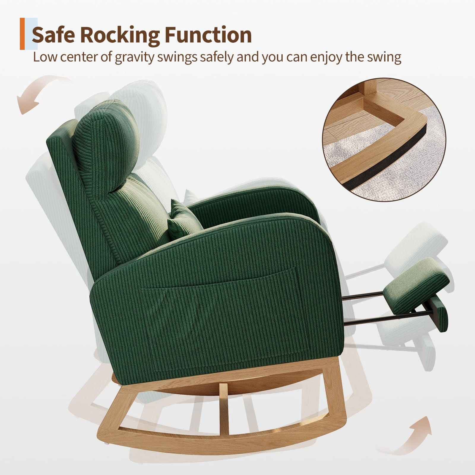 Modern Teddy Fleece Nursery Rocking Chair - High Back Glider with Pillow, Side Pockets for Bedroom & Nursing Room