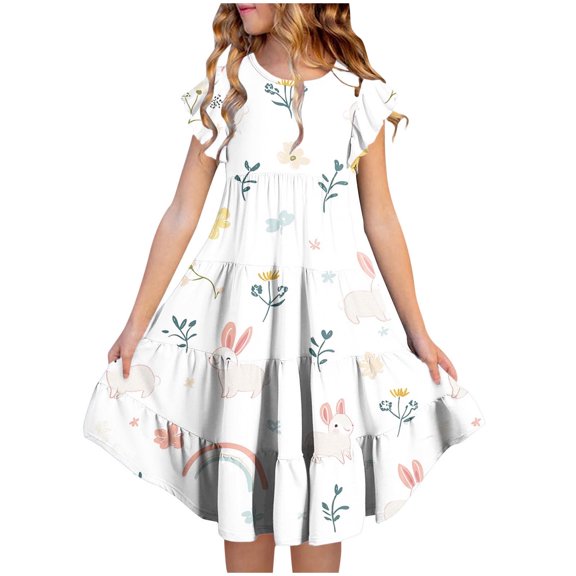 Girls Summer Dress with Bunny Floral Print, Tiered Ruffle Short Sleeve Dress with Pockets for Kids,Size 12-13 T