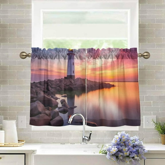 Sunset Lighthouse Kitchen Curtains 36 Inch Length Blackout Thermal Insulating Tier Curtains with Rod Pockets Short Curtains Home Decor for Living Room/Bedroom