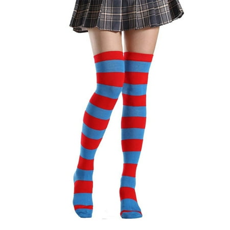 

Linyer Pack of 2 Striped Plus Size Thigh High Socks Breathability Unique Flexible Fad Appearance Non for Slip Hose Sock Stockings red blue striped