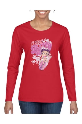 , Shore Surfer Betty Boop Betty Boop Womens Long Sleeve T-Shirt, Red, XX-Large