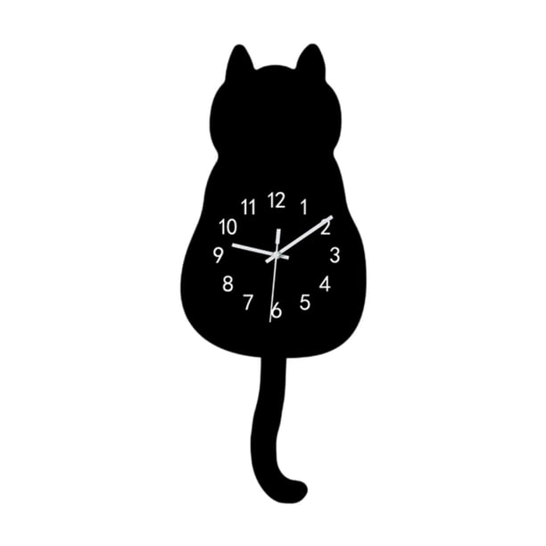 Reloj de pared con cola de gato meneando, bonito reloj decorativo de 17,5 x 43,5 cm de acrílico. Negro