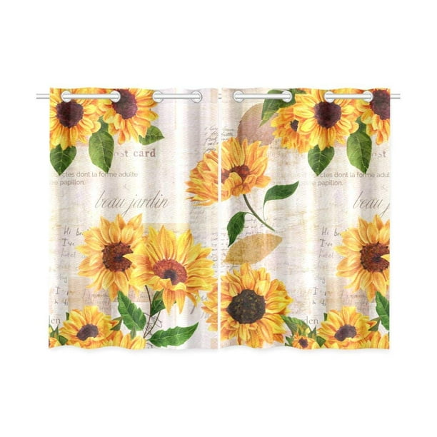 WARM TOUR Window Curtain Panel Rustic Sunflower Floral Vintage Wood Grain Printing Decor Durable Drapes for Bedroom Kitchen Living Room Yellow White 