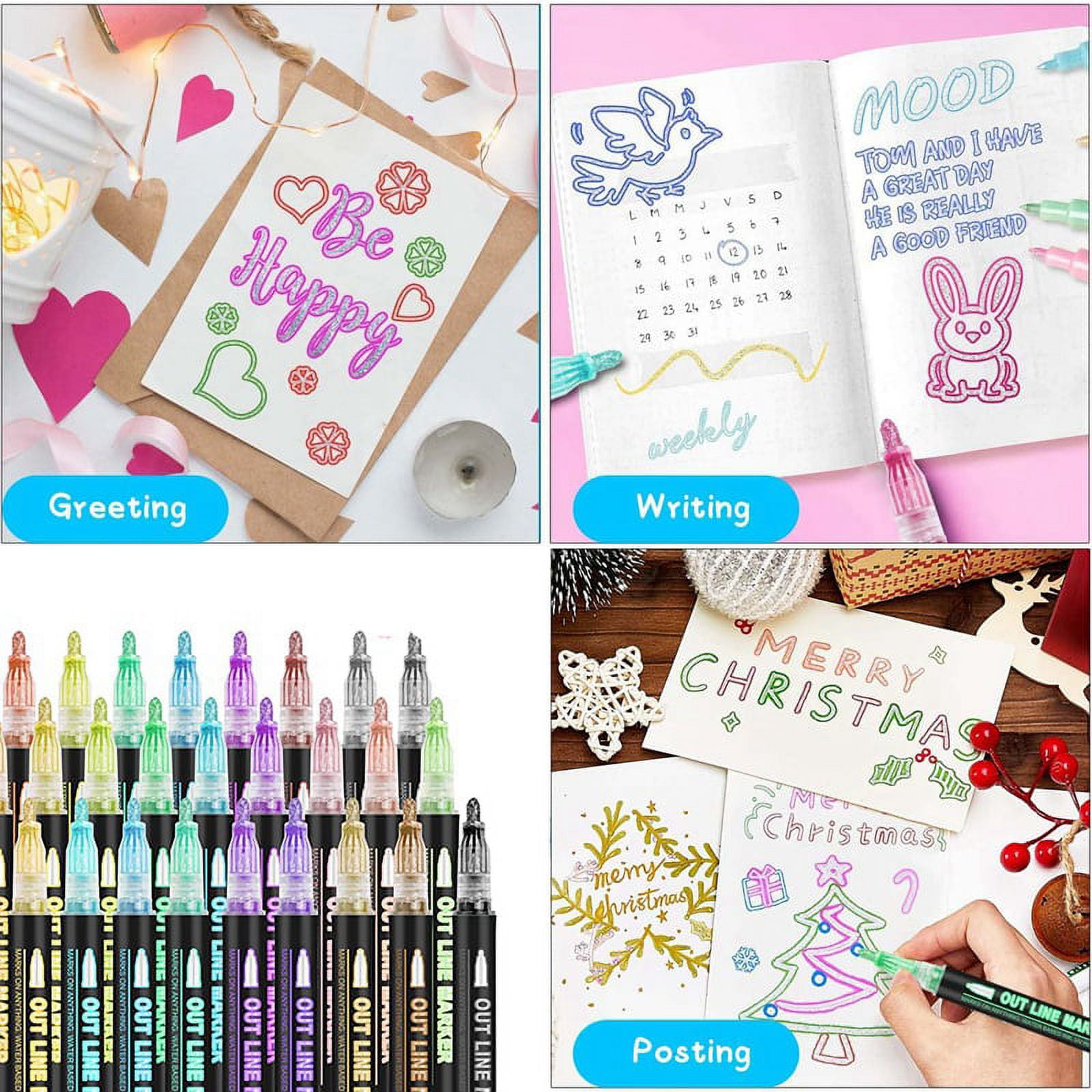 Double Line Outline Markers, 36 Colors Super Squiggles Shimmer Outline Marker Pen Set, Self Outline Metallic Markers