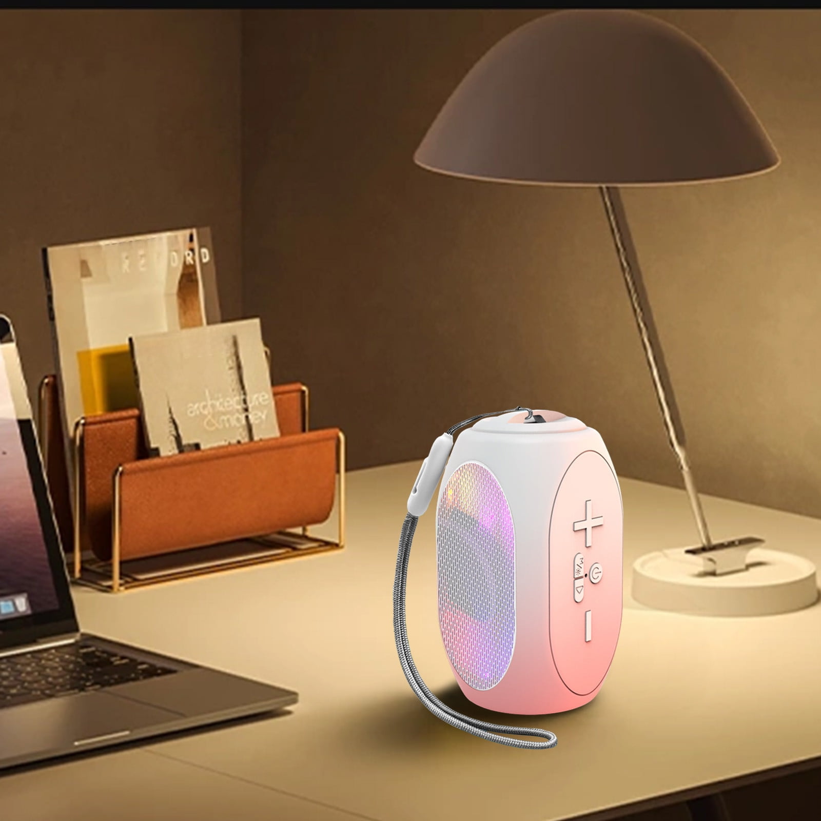 LACKUST Pink Bluetooth Speaker 5.3 with RGB Lights, Low Latency Gaming Speaker, Room-Filling Sound, Rechargeable Desktop Wireless Speaker with Hanging Rope