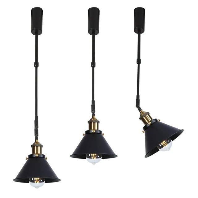 FSLiving Adjustable Height Track Pendnat Light J-Type Retractable Lift Track Spotlight with Telescoping Rod Adjustable Gimbaled Lamp-Post Juno Track Industrial Cone Lamp, Antique Brass - 3 Lights