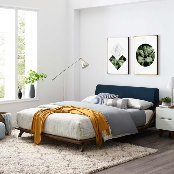 Modway Luella Solid Wood/Fabric Queen Platform Bed in Walnut/Blue