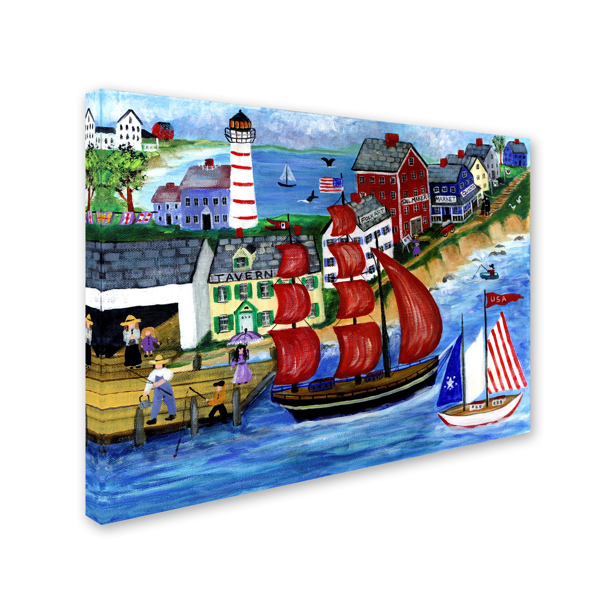 Trademark Fine Art 'Red Sails Folk Art Seaside' Canvas Art by Cheryl Bartley