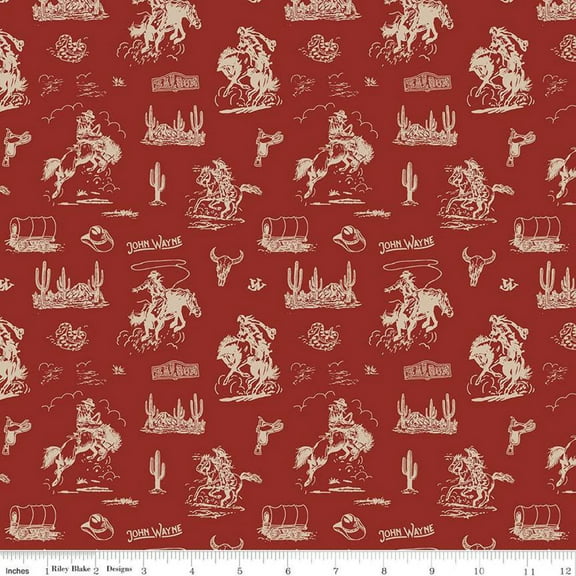 John Wayne Courage Cowboys Barn Red Cotton Fabric