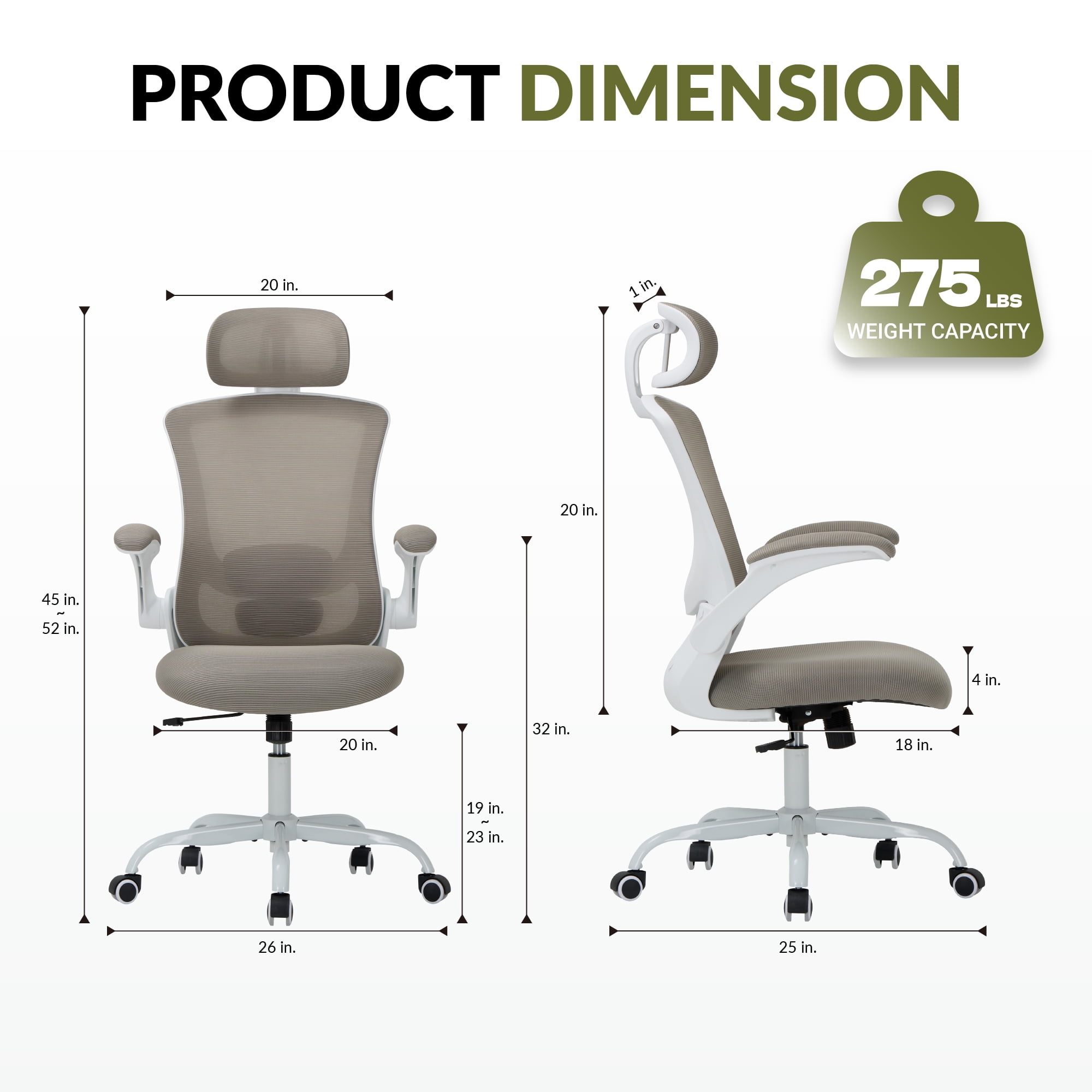 AFO High Back Ergonomic Office Chair, Adjustable Lumbar Support & Headrest Mesh Desk Chair with Flip-Up Arms, 275lbs Heavy Duty Metal Base Computer Task Chair for Home Office, Khaki