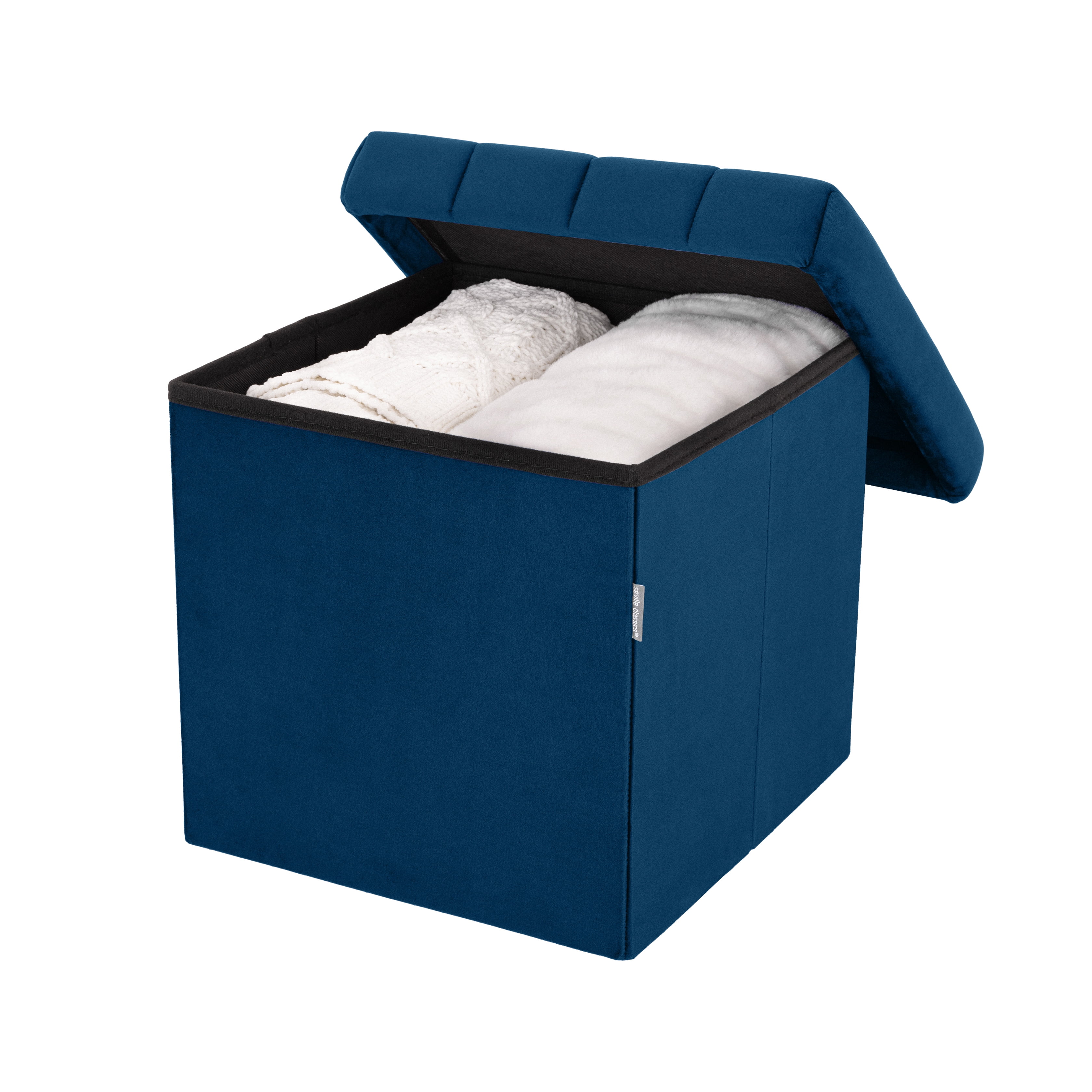 Seville Classics Cushioned Fabric Ottoman Hidden Storage Chest Footrest Chair for Bedroom, Dorm, Loft, Living Room, Entryway, Hallway, Blue Velvet, 15.7" Cube
