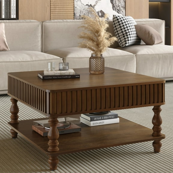 31.5" Square Lift-Top Coffee Table with Hidden & Open Storage, Modern Fluted Coffee Table with Retro Solid Wood Legs, Center Table for Living Room Apartment Office, Walnut