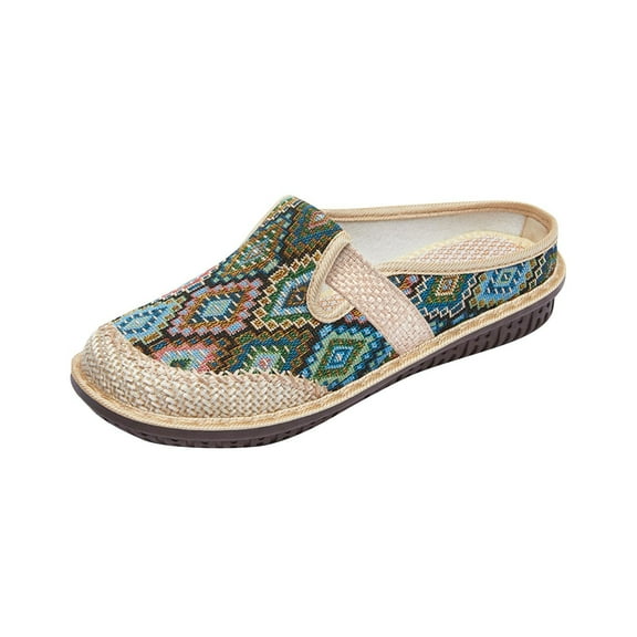 Green Women'S Wide Width Embroidered Linen Shoes Half Slippers For Daily Wear