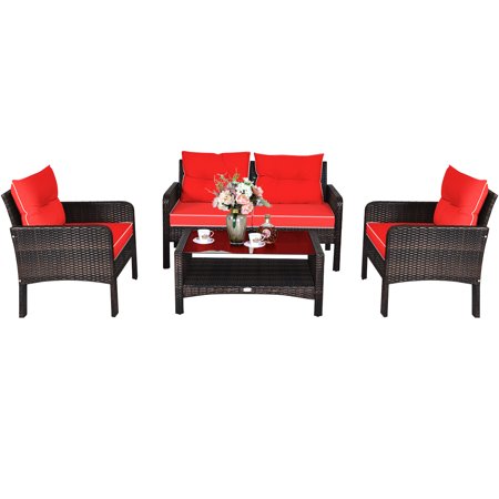 Costway 4PCS Patio Rattan Furniture Set Loveseat Sofa Coffee Table
