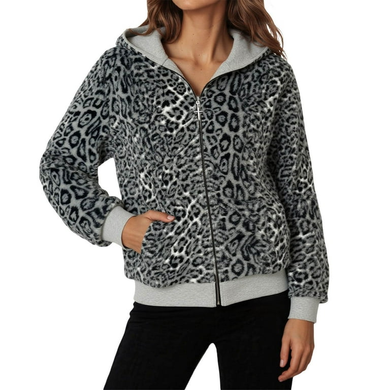 Leopard Print Hoodie Leopard Zip Up Hoodies Fleece Pullover Winter