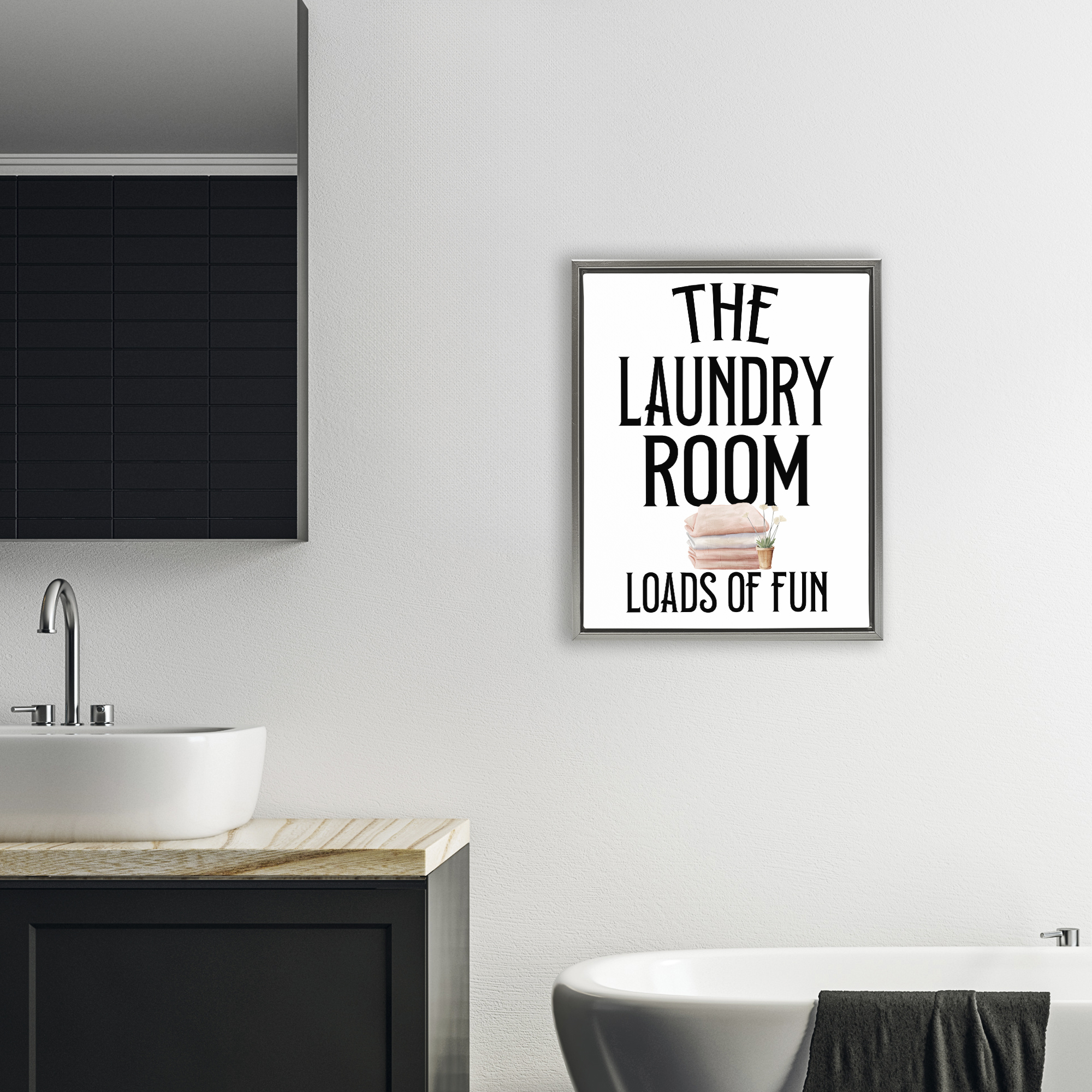 Laundry Room Fun Minimal Gray Framed Floater Canvas Wall Art, design by Kim Allen