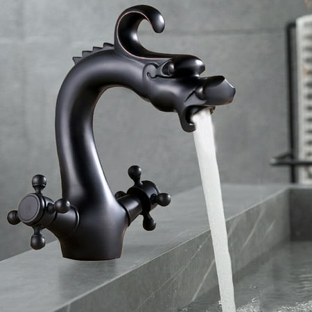 

DENEST Antique Bathroom Basin Mixer Faucet Dragon Shape Vanity Faucet 2 Cross Handles