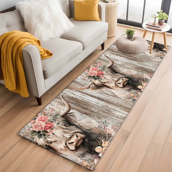 Spring Cow Floral 2'x6' Runner Rugs for Hallway Kitchen Bedside Non Slip Washable, Vintage Brown Wooden Farmhouse Entryway Rug Runners with Rubber Backing, Long Carpet Runner for Laundry Room