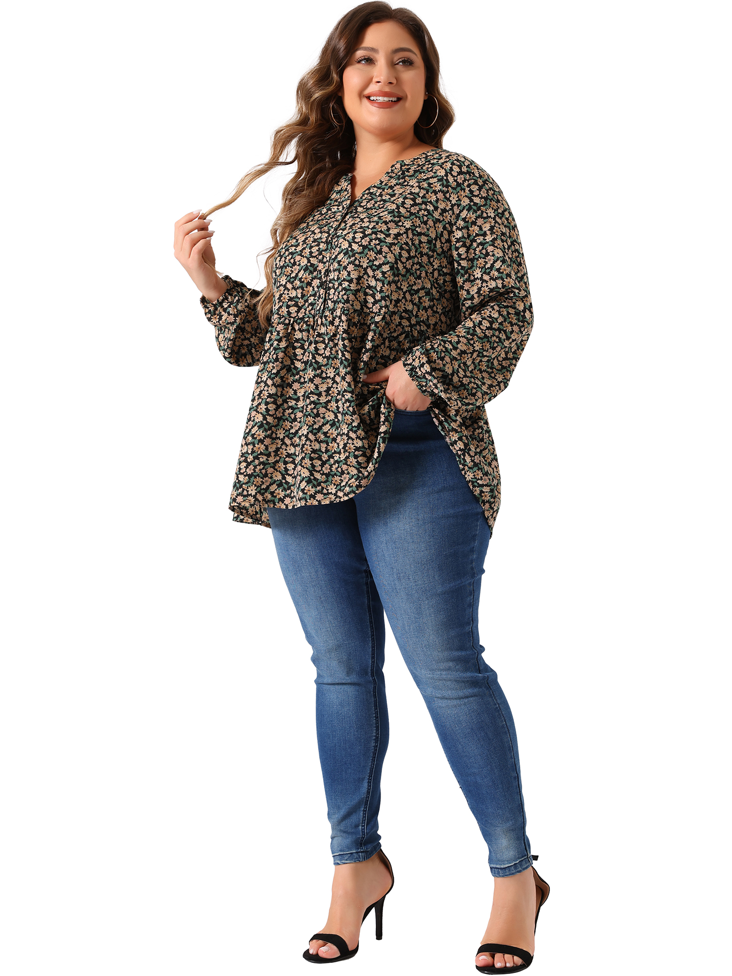 DARING DIVA Women's Plus V Neck Floral Long Sleeves Blouse 1X Black Beige