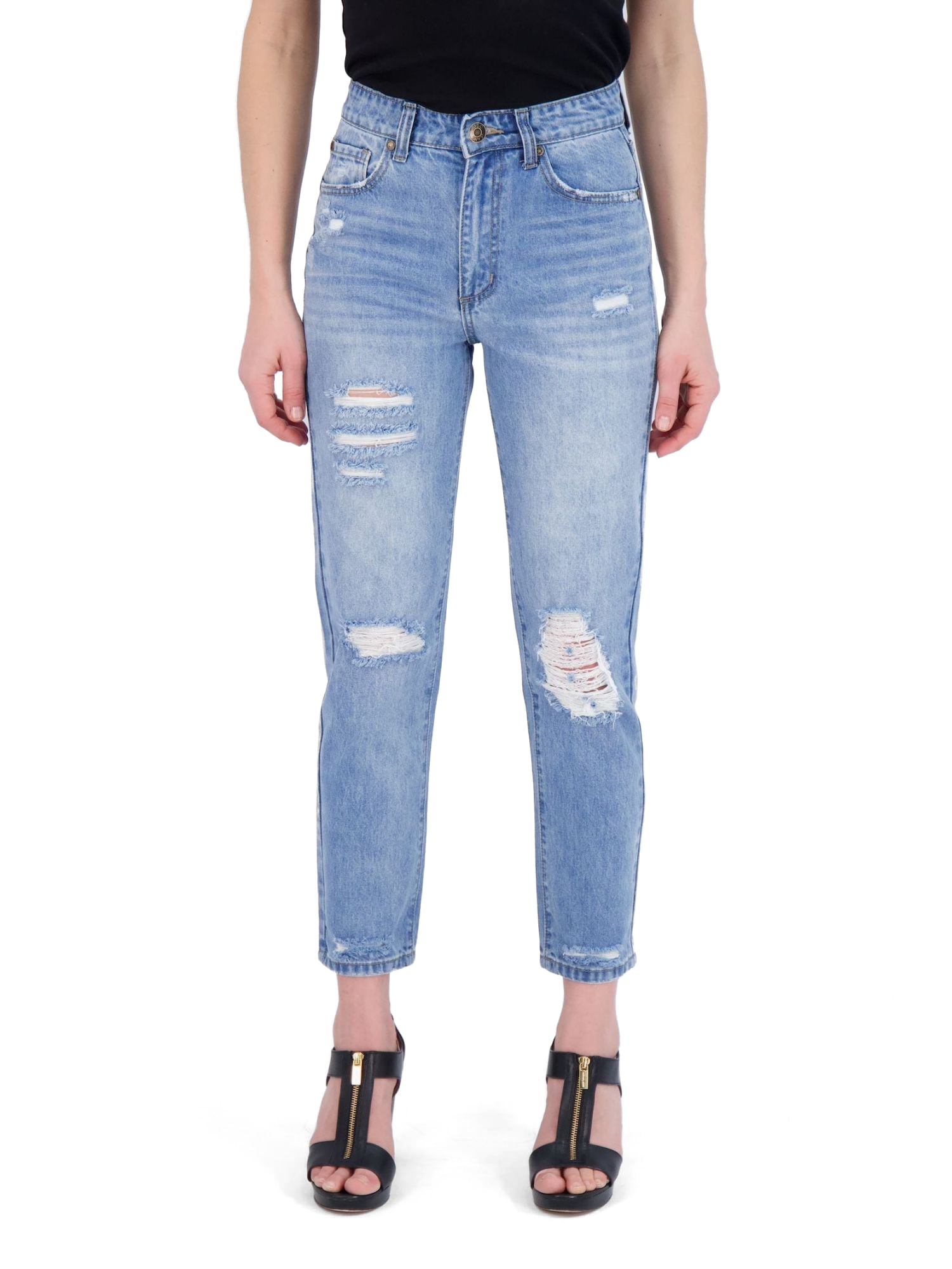 Gogo Jeans Juniors' High Waisted Destructed Cinched Relaxed Mom Jean