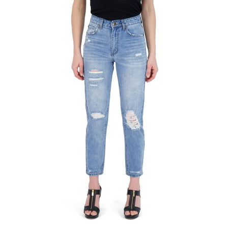 Gogo Jeans Juniors' High Waisted Destructed Cinched Relaxed Mom Jean