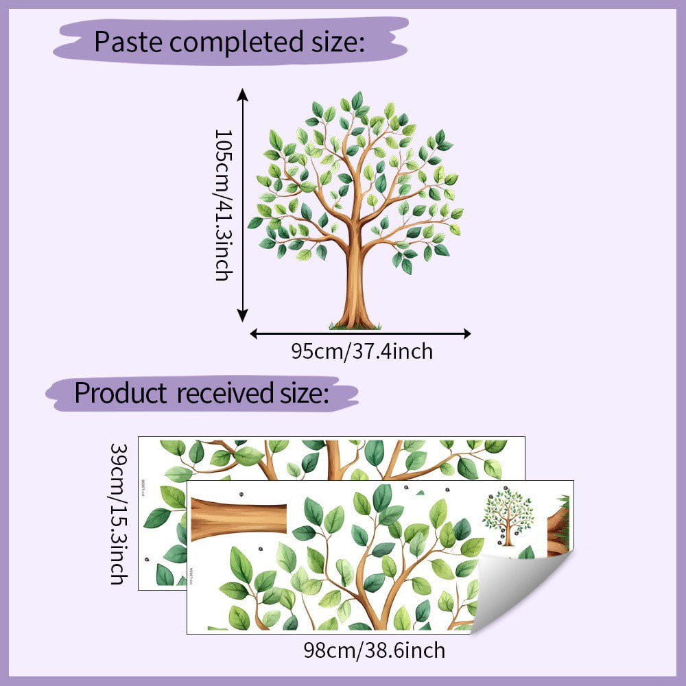 Large Green Tree Wall Decal for Bedroom Living Room, Removable Nature Tree Wall Sticker, 105cm Tall Botanical Decor for Nursery Kids Room Home