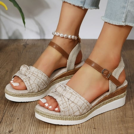 

bvgfsahne Ladies Fashion Summer Fabric Bow Knot Open Toe Buckle Wedge Heel Sandals