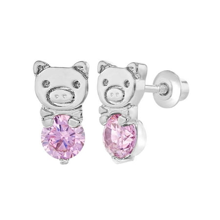 Piggy Earrings - Rhodium Plated Pink CZ Pig Piggy Screw Back Earrings for Kids Girls Children