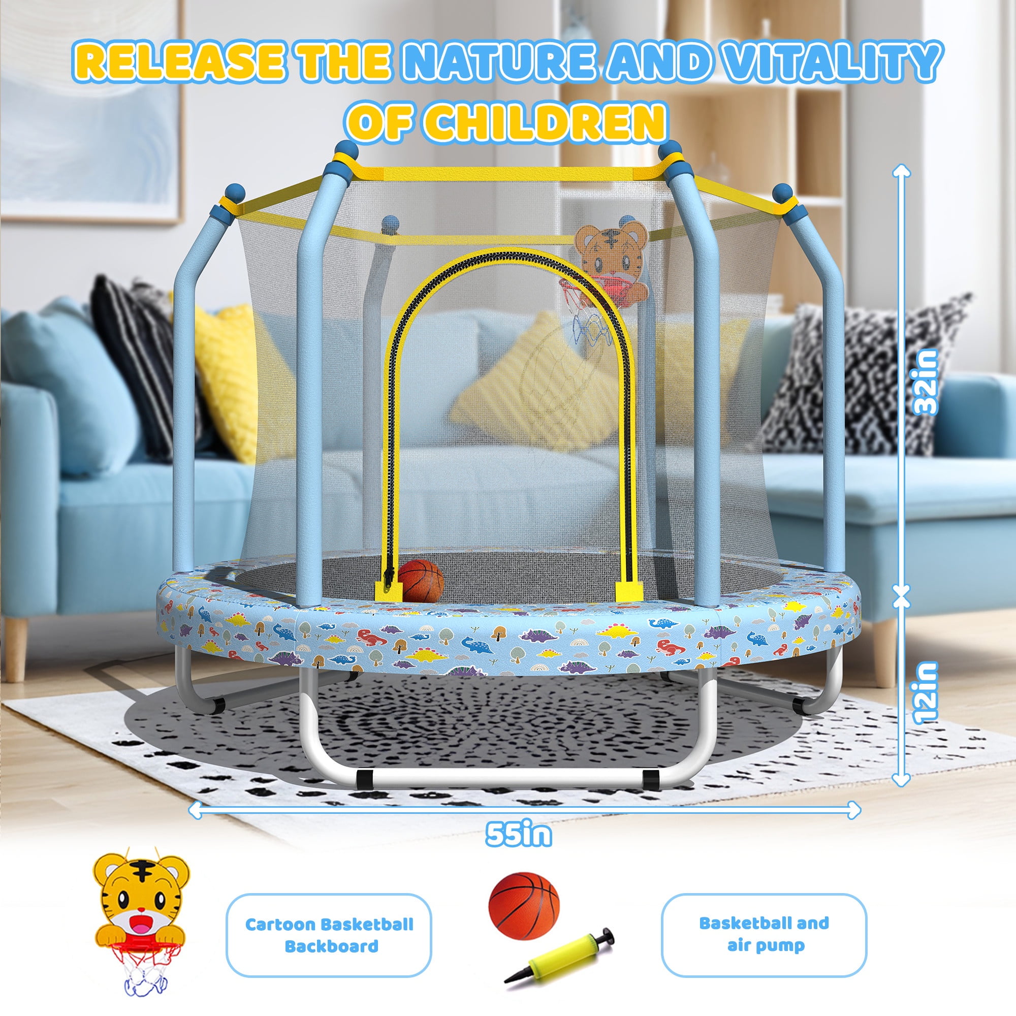 55" Trampoline with Enclosure for Kids, SEGMART Indoor Outdoor Toddler Trampoline with Basketball, Indoor Outdoor Kids Trampoline with Basketball Hoop, Small Round Trampoline for Boys Girls