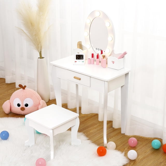QinaQin Tocador infantil con espejo y luz, mesa de maquillaje con banco para niñas, juego de madera para juego simbólico, ideal para edades de 4 a 9 años