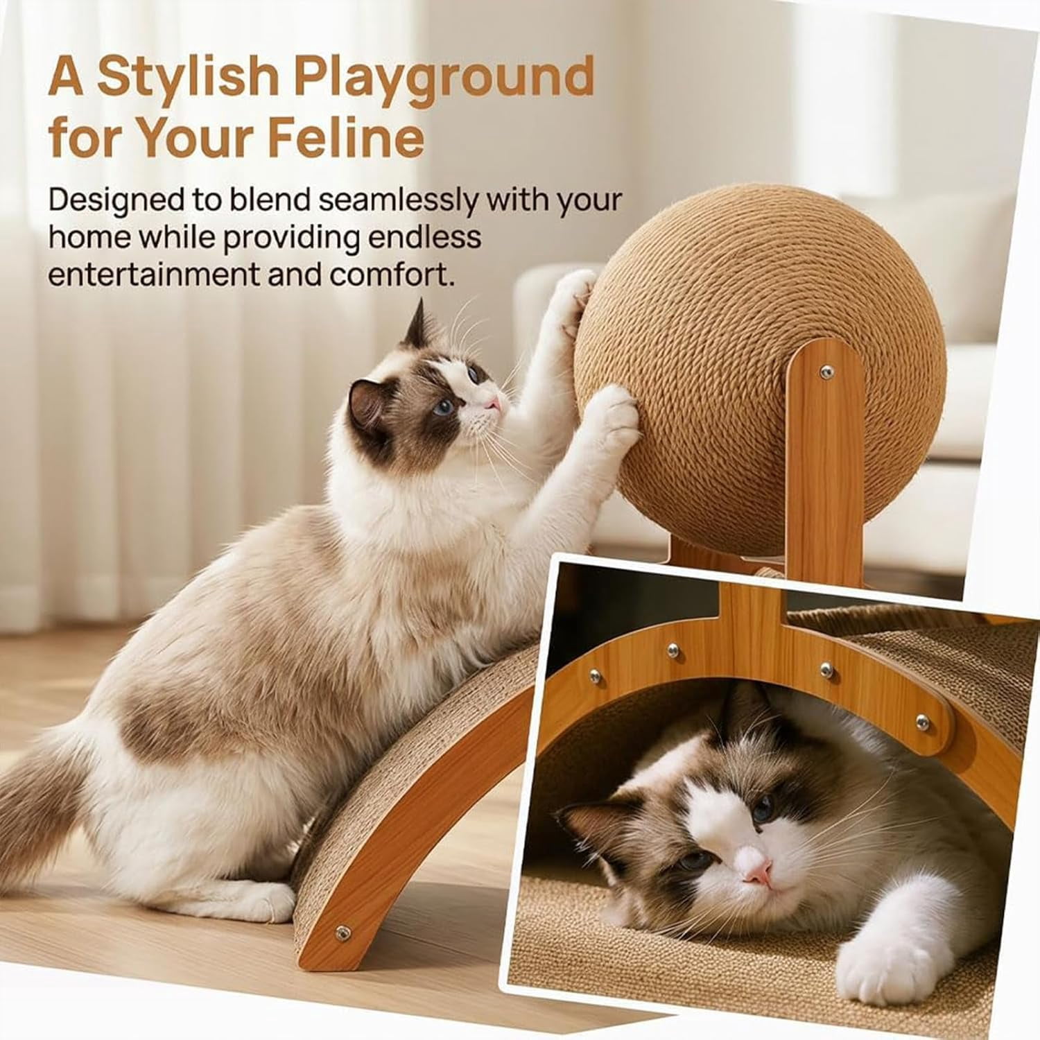 Wobble Ball Cat Scratcher, Rotating Natural Sisal Ball Wood cat scratching ball on stand , 2-in-1 Interactive Cat Scratching Post with Arch Bridge for Indoor Cats, Durable Furniture & Rug Protecto -S