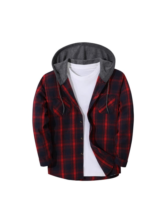 Men's Flannel Hooded Sweatshirts Fall Long Sleeve Button Down Hood Jackets Mens Casual Checked Loose Comfy Plaid Sweatshirt Outwear